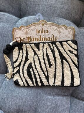 Handmade in India Beaded Zebra Print Clutch - Black & Cream